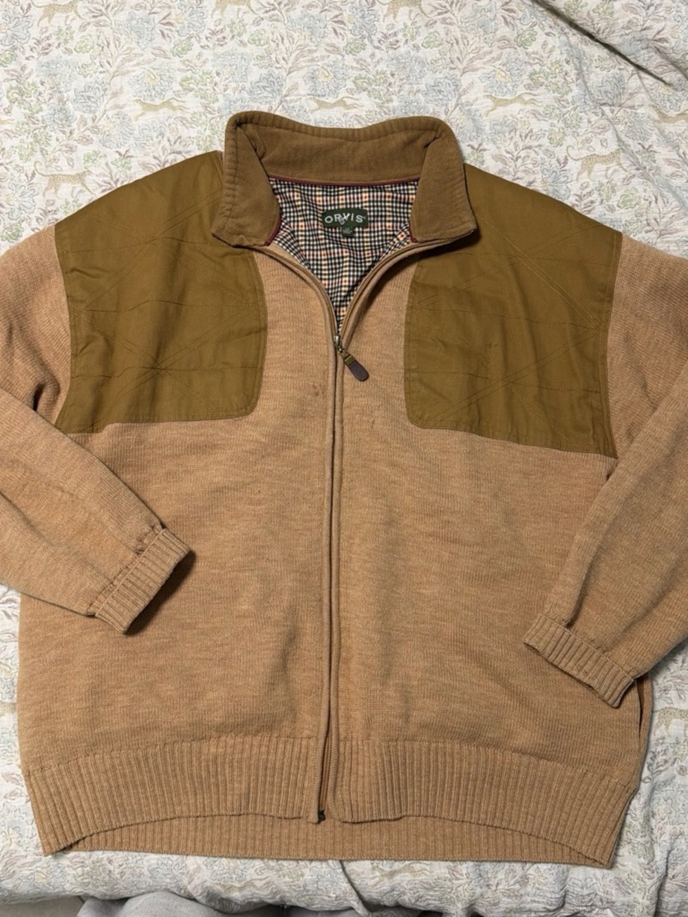 Orvis Men's Tan Sweater Jacket with Olive Shoulder Yoke